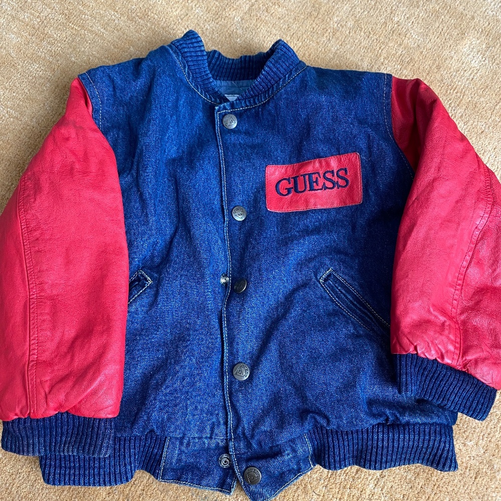 Vintage Kids GUESS Jeans Varsity Jacket | Denim & Red Leather Sleeves
